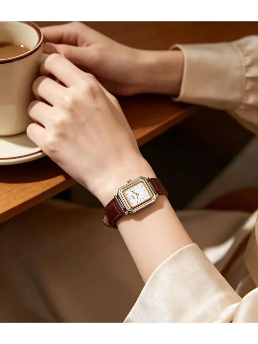 Women's Two Tone Coffee Square Vintage Leather Strap Dress Quartz Elegant Watch